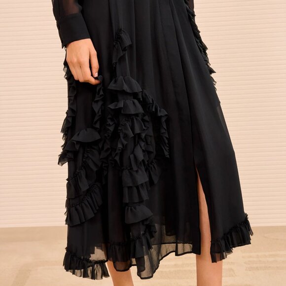 NEW Ulla Johnson Rhea Shirt Maxi Dress with Ruffle Skirt Black Noir Silk Sz4/6/8 - Picture 3 of 8
